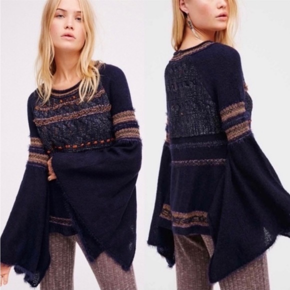 Free People Navy Wool Mohair Alpaca Cotton Blend Sweater Size L - Picture 1 of 13